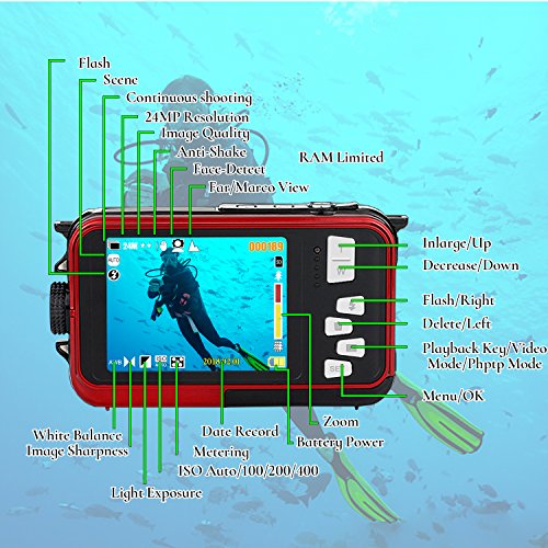 Waterproof Underwater Digital Camera,24MP 1080P Dual Screen Point and Shoot Digital Video Recorder Cameras--Red