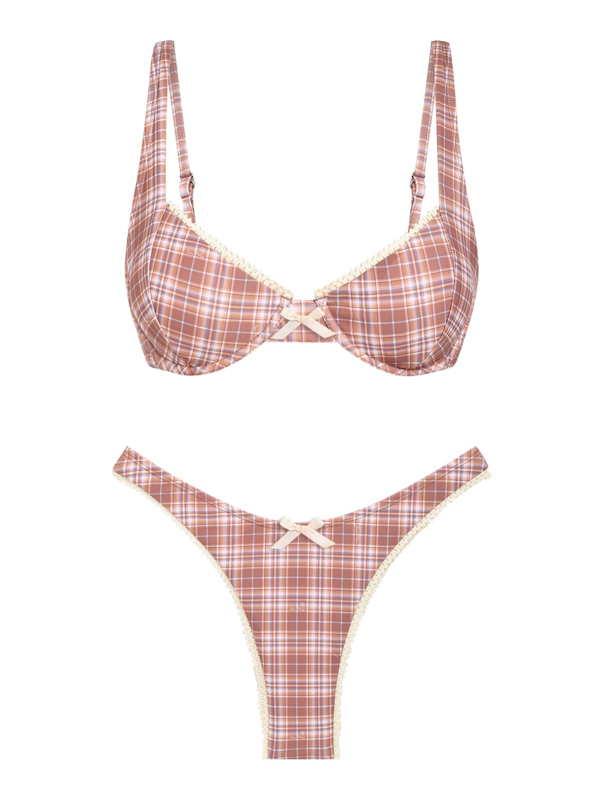 Photo 1 of seamoly Vintage Gingham Lace Trim Bowknot Decor Underwire Balconette Bikini Set,Deep Coffee,M