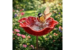 Metal Flower Garden Stakes Bird Bath | Handmade Rain Catcher & Watering Station for Outdoor Gardens | Hummingbird & Bee Bath 