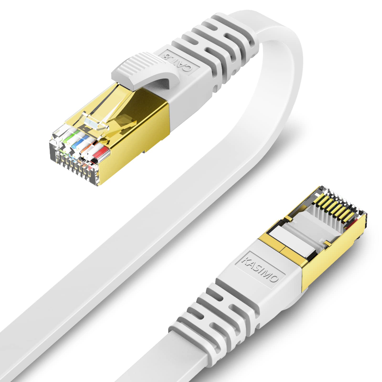 KASIMO Cat 8 Flat Ethernet Cable 1M 2Pack Internet LAN Cable 40Gbps 2000MHz High Speed Network Patch Cable White SSTP Ethernet Cord with RJ45 Gold Plated Connector for Router Modem Switch Gaming