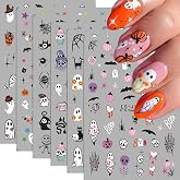 Halloween Nail Stickers, Cute Ghost Nail Decals 3D Self-Adhesive Small Witch Spider Pumpkin Ghost Spider Web Skull Pattern Halloween Nail Design Holiday Nail Art Decoration for Girls Kids(6Sheets)
