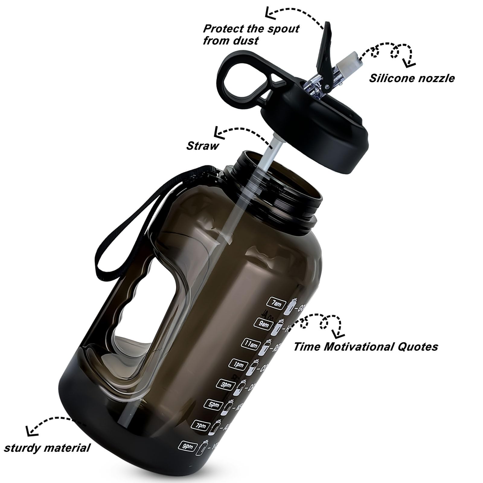 2.2 L Große Motivations-Trinkflasche mit Trinkhalm & Zeitmarkierungen - BPA-frei, auslaufsicher - Täglicher Hydrations-Tracker für Fitnessstudio, Büro, Zuhause & Reisen (Schwarz, 74 oz) (Black) 2