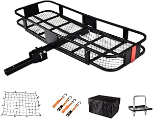 USSerenaY Hitch Cargo Carrier - Trailer Hitch Luggage Rack with Net, Waterproof Cargo Bag and 2 Reinforced Straps - Folding Car Hitch Mount Cargo Carrier L60 X W20 X H6 550lbs Capacity