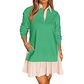 Wenrine Womens Oversized Sweatshirt Dress Casual Long Sleeve Collared V Neck Patchwork Loose Mini Dresses