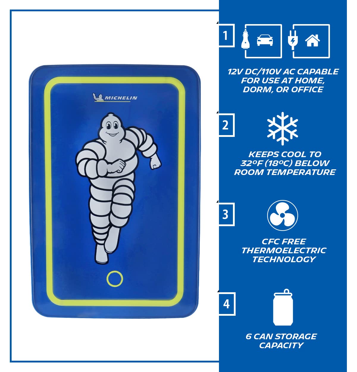 MICHELIN Mini Fridge - Refrigerator for Bedroom Office, Portable Table Top Beverage Cooler, 12V 110V Refrigerador For Drinks, Soda, Wines, Use In Car, Dorm, Outdoor, Patio, 8 Can