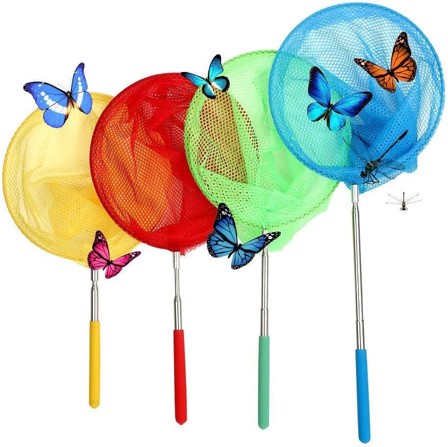 VIPITH 4 Packs Colorful Kids Telescopic Butterfly Net, Extendable 34 Inches and Anti Slip Grip, Perfect for Catching Bugs Insect Small Fish