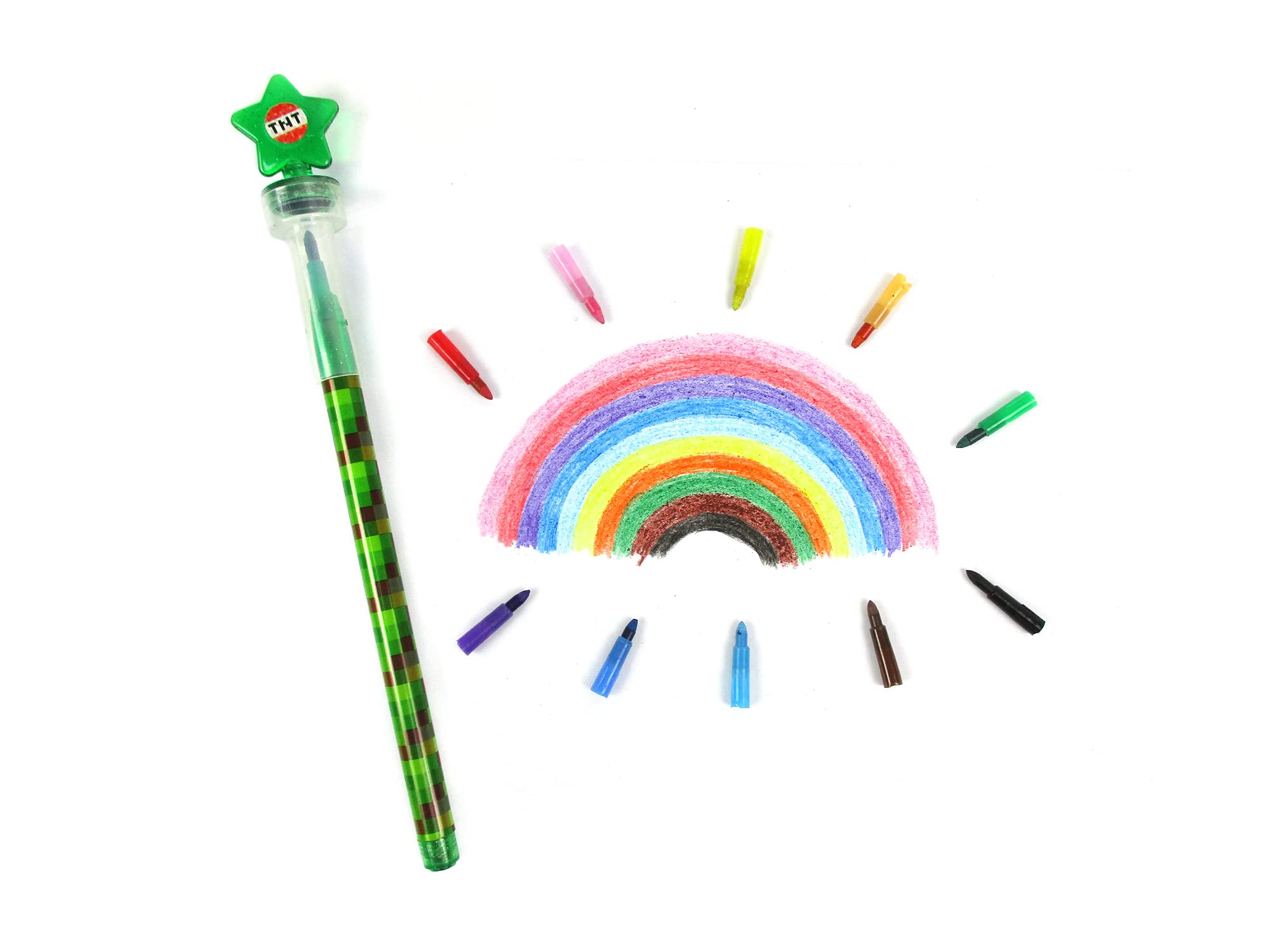 TINYMILLS 24 Pcs Pixel Miner Themed 2 in 1 Stackable Stacking Crayon with Extra Stamper Topper, Kids Party Favors, Goodie Bag Stuffers, Classroom Rewards, Prizes