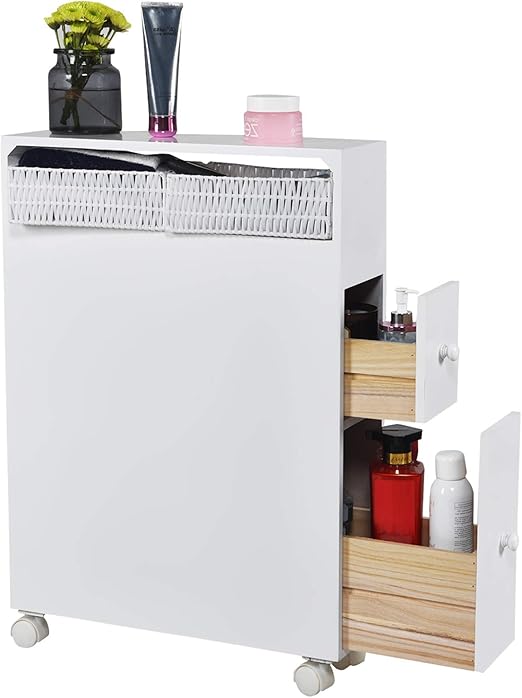 Amazon Com Slim Bathroom Storage Cabinet With Drawers White Rolling Bathroom Floor Cabinet Narrow Bathroom Organizer With Baskets Wood 20l X 6 3w X 28 5h Home Kitchen