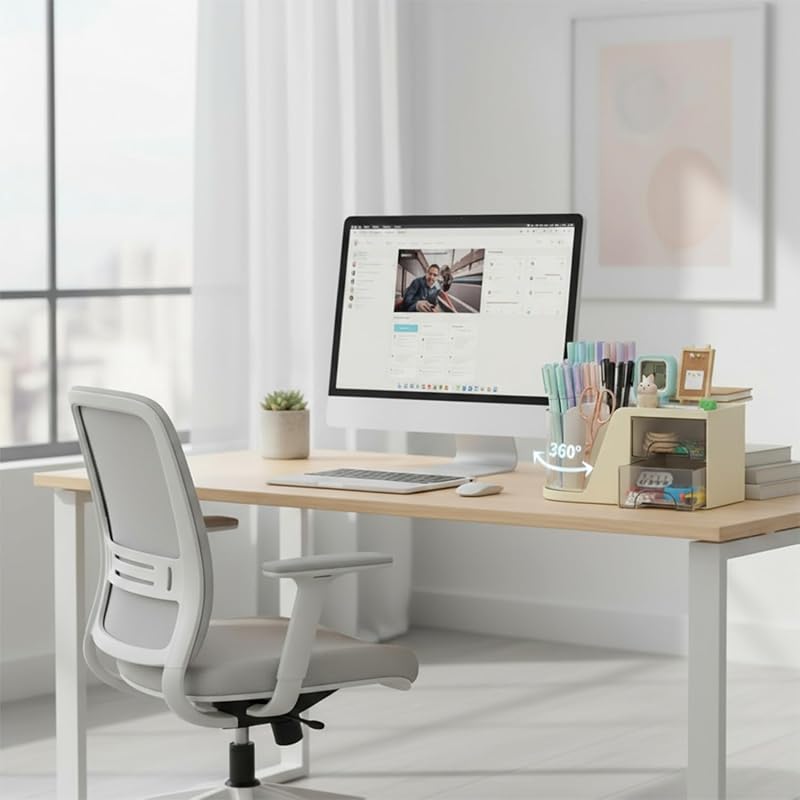 Drehbarer Schreibtischorganisator, Schreibtisch Organizer kinder mit 2 Schublade, 360 Grad stifteköcher für Büro, schulsachen, skincare, schulsachen und Kunstbedarf (Sahne)