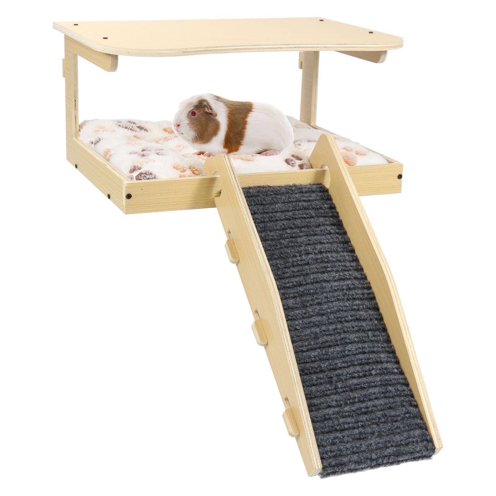 Amakunft Guinea Pig Hideout - Natural Wooden, Detachable Platform with Stairs, Small Animal Habitat for Guinea Pigs, Hamsters, Rabbits, Ferrets, Hedgehogs, Gerbils, Squirrels