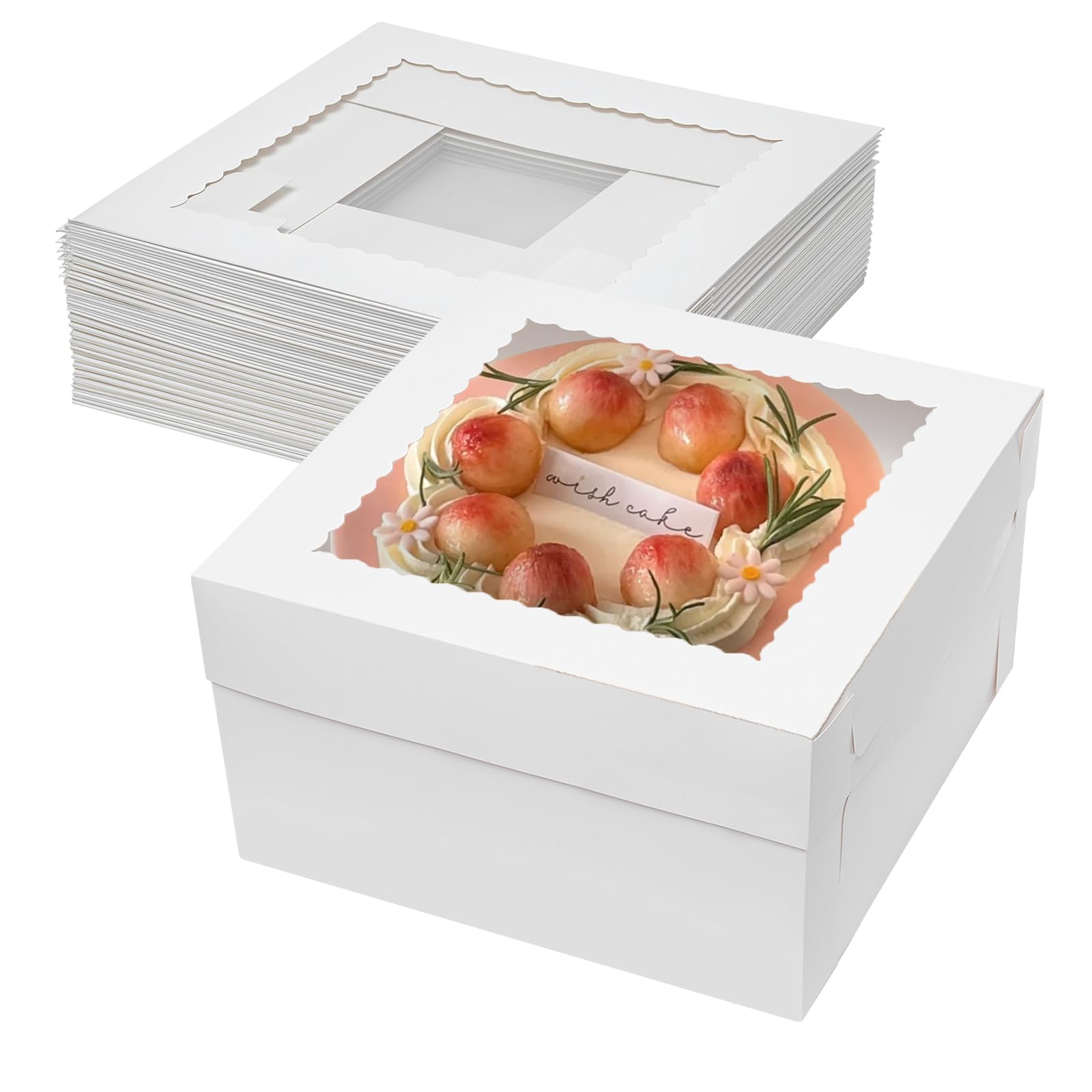Photo 1 of Mefleet 14x14x6 Inch Cake Boxes 10pcs Bakery Boxes for Tier Cakes with Window 14 Inch White Large Tall Cardboard Bakery Take Out Carrier Containers with Lids for Wedding, Birthday, Party