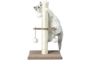 PAWSFANS Cat Scratching Post, Sisal Scratcher Posts for Indoor Kittens and Small Size Cats,with Hanging Plush Ball Toy 21inches Beige
