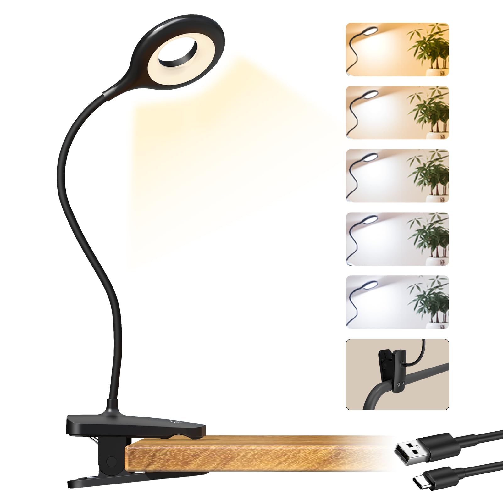 CUHIOY Clip Reading Light for Bed, Adjustable Rechargeable Battery Clamp Desk Lamp, Eye Protect Bedside Lights, Portable Book Light with Flexible Neck Touch Control Lamp, for Sewing and Crafting