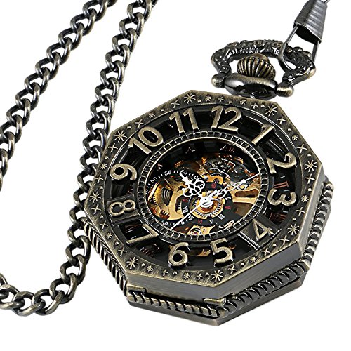 Carrie Hughes Steampunk Bronze Octagon Gold Skeleton Mechanical Pocket Watch with Chain Xmas Gift CHPW02