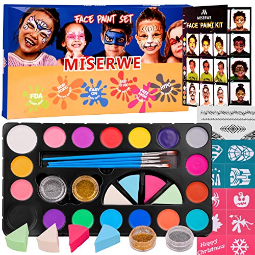 Miserwe Face Paint Kit18 Colors,40 Stencils,1 Silver Sticker,2 Glitter