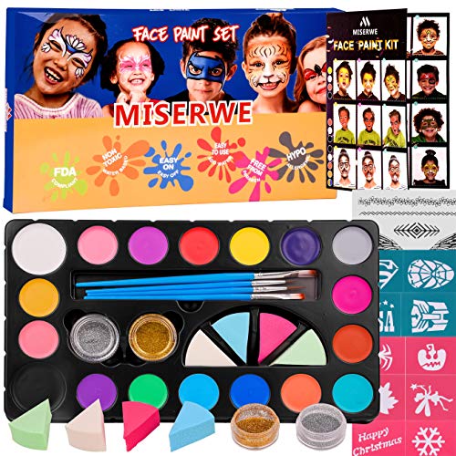 Miserwe Face Paint Kit-18 Colors,40 Stencils,1 Silver Sticker,2 Glitter Powder,4 Brushes, 4 Sponge Kit Professional Safe Non-Toxic Washable Body & Face Paint for Kids Adult