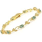 Gem Stone King 18K Yellow Gold Plated Silver Oval Green Sapphire Diamond Greek Vine 7 Inch Tennis Bracelet For Women