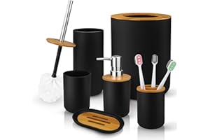 DGDFLDGC 6 Pcs Bamboo & Plastic Bathroom Accessory Set, Includes Toothbrush Cup, Holder, Soap Dispenser, Dish, Toilet Brush &