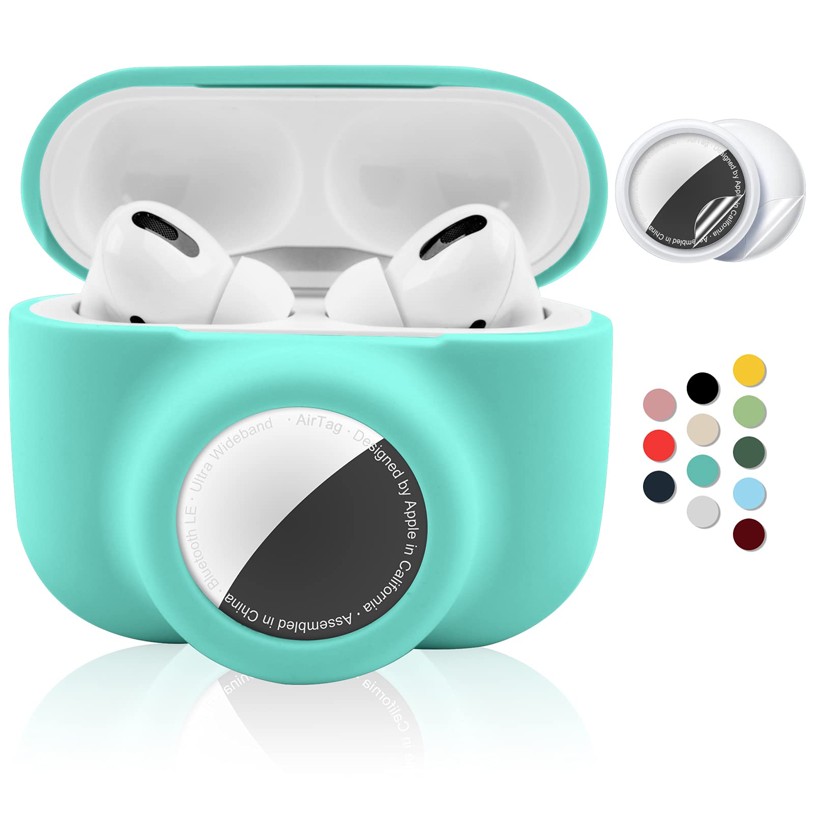 Photo 1 of 2 in 1 Protective Case for Apple AirPods Pro Air Tag Holder Combo, Soft Silicone Airpods Pro AirTag Case with 2 PCS Screen Protector, Anti-Scratch Anti-Fall Anti-Lost (MintGreen)