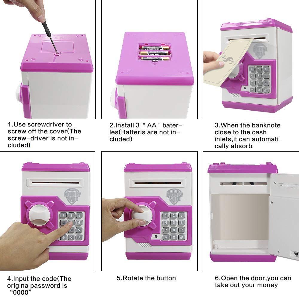 HUSAN Piggy Banks for Kids, Electronic Password Code Money Banks ATM Banks Box Coin Bank for Children Boys and Girls (White/Pink)