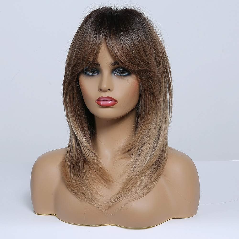 HAIRCUBE Long Brown Wigs for Women Layered Synthetic Hair Wig with Fringe, Ombre Brown to Blonde with Dark Roots - Image 5
