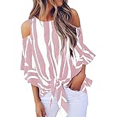 Chuanqi Womens Cold Shoulder Blouse Bell Sleeve Tie Knot Casual Summer Shirt Tops