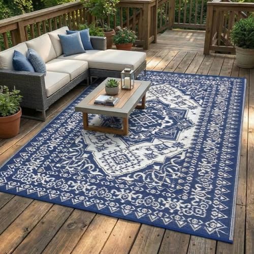 COZYLOOM Waterproof Outdoor Rug 9x12 Reversible Patio Rug Plastic Straw Mat, Vi…