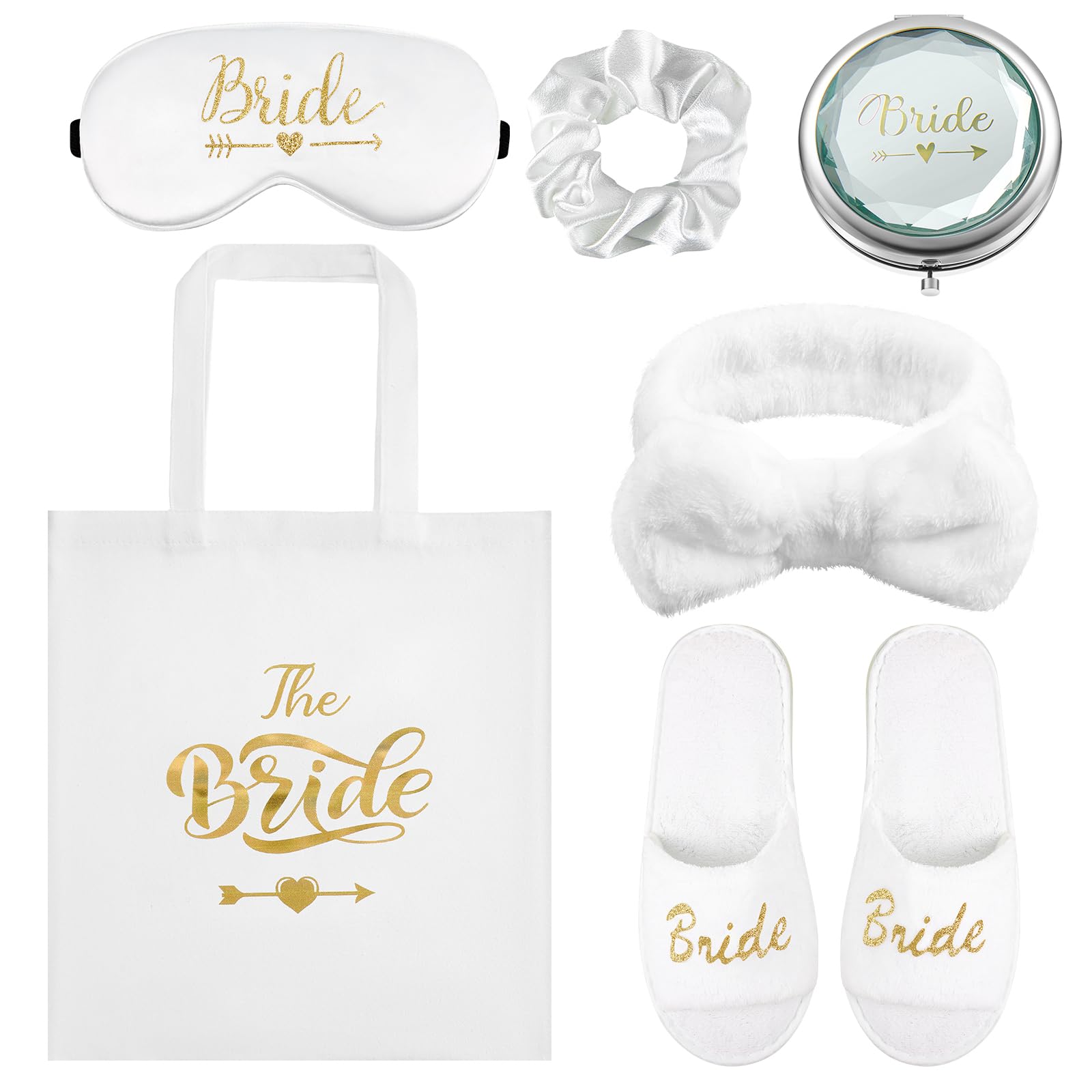 Hestya 6 Pcs Bride Gifts Bridal Shower Gifts Including Bride Slippers, White Scrunchie, Hair Headband, Tote Bag, Silk Eye Mask, Makeup Mirror for Wedding Proposal Spa Party(Gold)