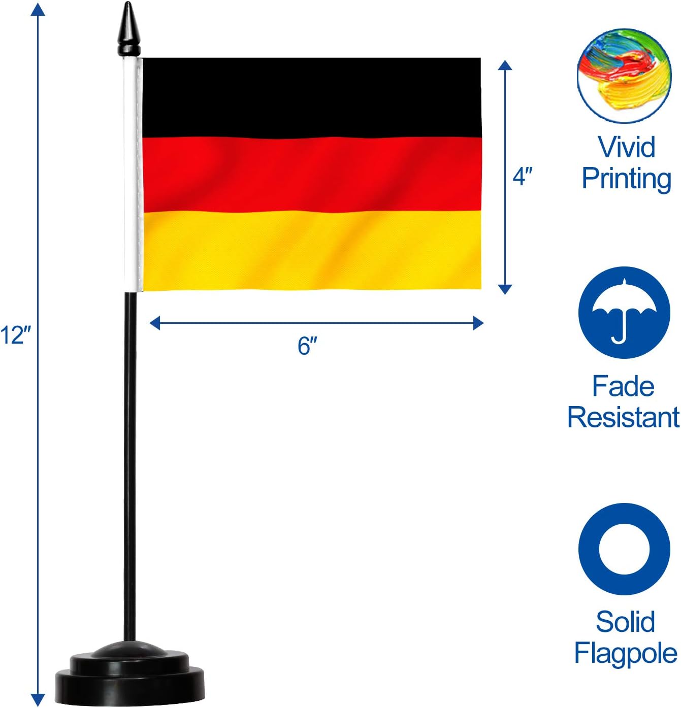 ANLEY Germany Deluxe Desk Flag Set - 6 x 4 Inch Miniature German Desktop Flag with 12" Solid Pole - Vivid Color and Fade Resistant - Black Base and Spear Top : Office Products