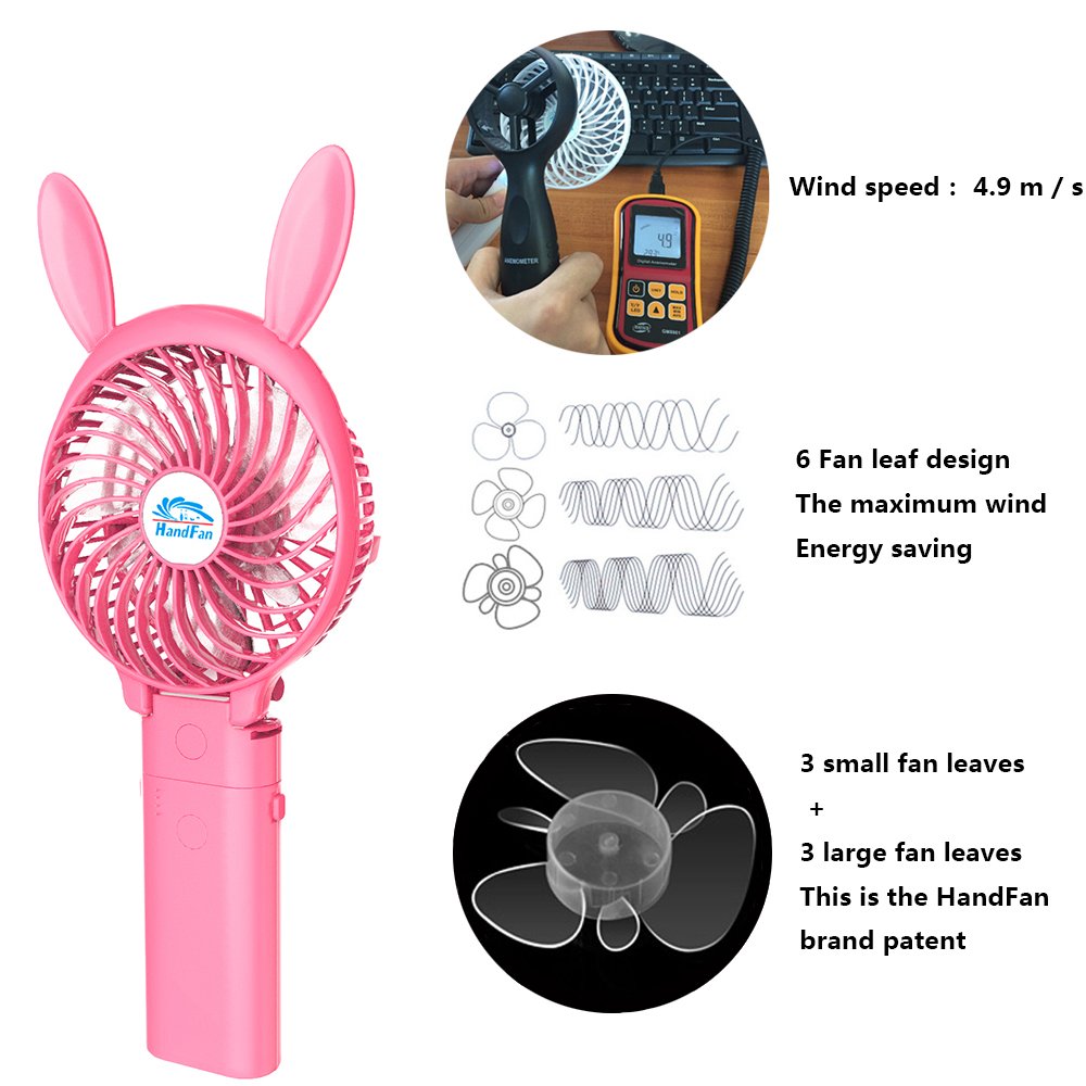 Small Handheld Fan,HandFan USB Rechargeable Fan mini Portable Fan Power Personal Fan Collapsible Electric Fan Desk Fan with 4000mA Mobile Battery for Stroller Camping Tent Dorm Office(Pink rabbit)