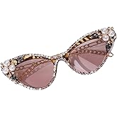 IYANCHENG Cat Eye Rhinestone Chain Sunglasses Small Frame Retro Hawaiian Style, Lightweight for Street Style &amp; Vacation