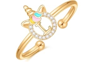 CIVOKINA Unicorn Rings for Girls, 14K Gold Plated/Rose Gold Plated/Sterling Silver Unicorn Rings for Kids Cute Initial Toddler Ring Adjustable Letter Rings for Teen Girls Gifts, Hypoallergenic, No Tarnish