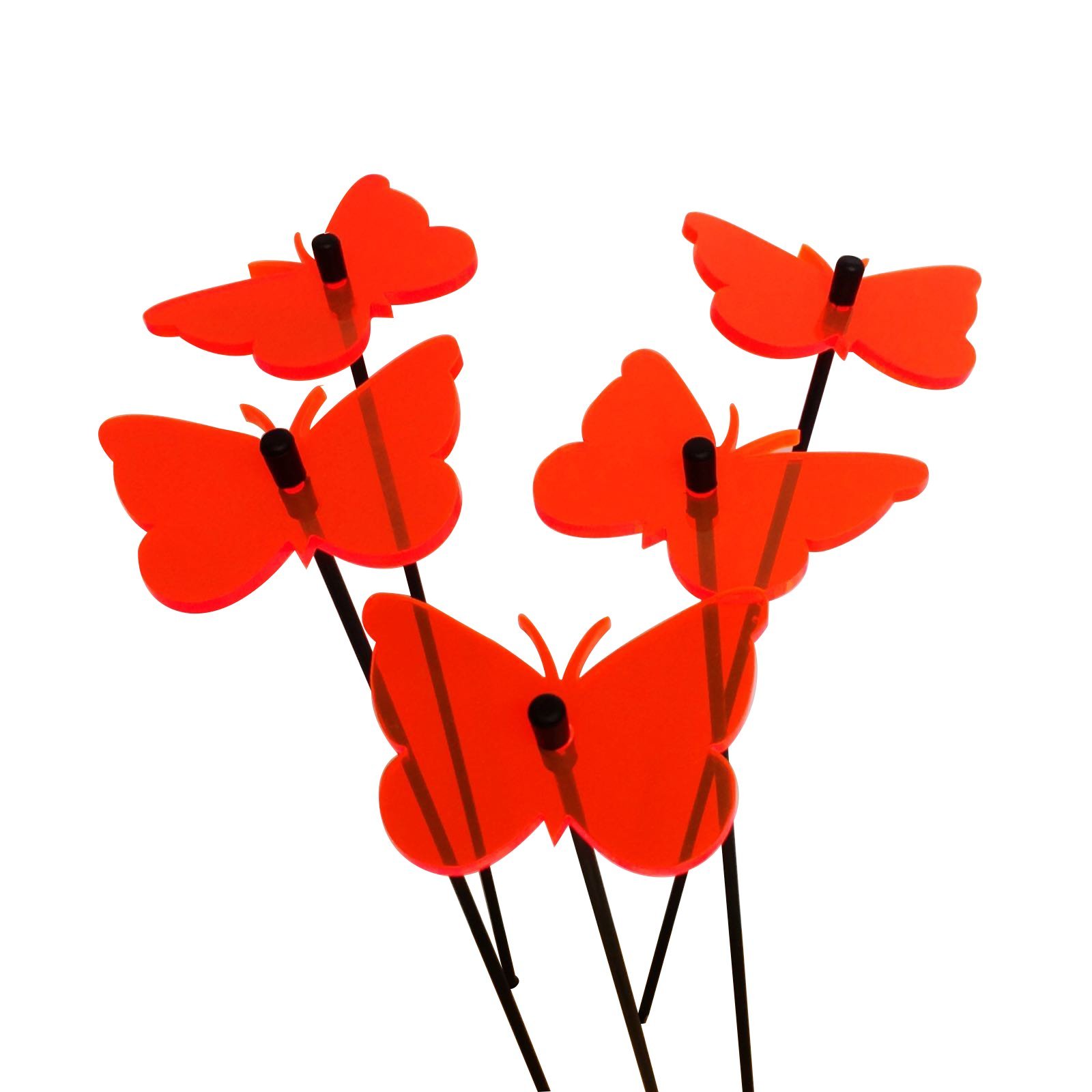 Glowing Gatekeeper Butterfly Set of 5 SunCatcher Garden Decor Ornaments Garden Stakes 25cm, 10 inch high Indoor Outdoor Yard Gardeners Gift, Colour:fluorescent Red