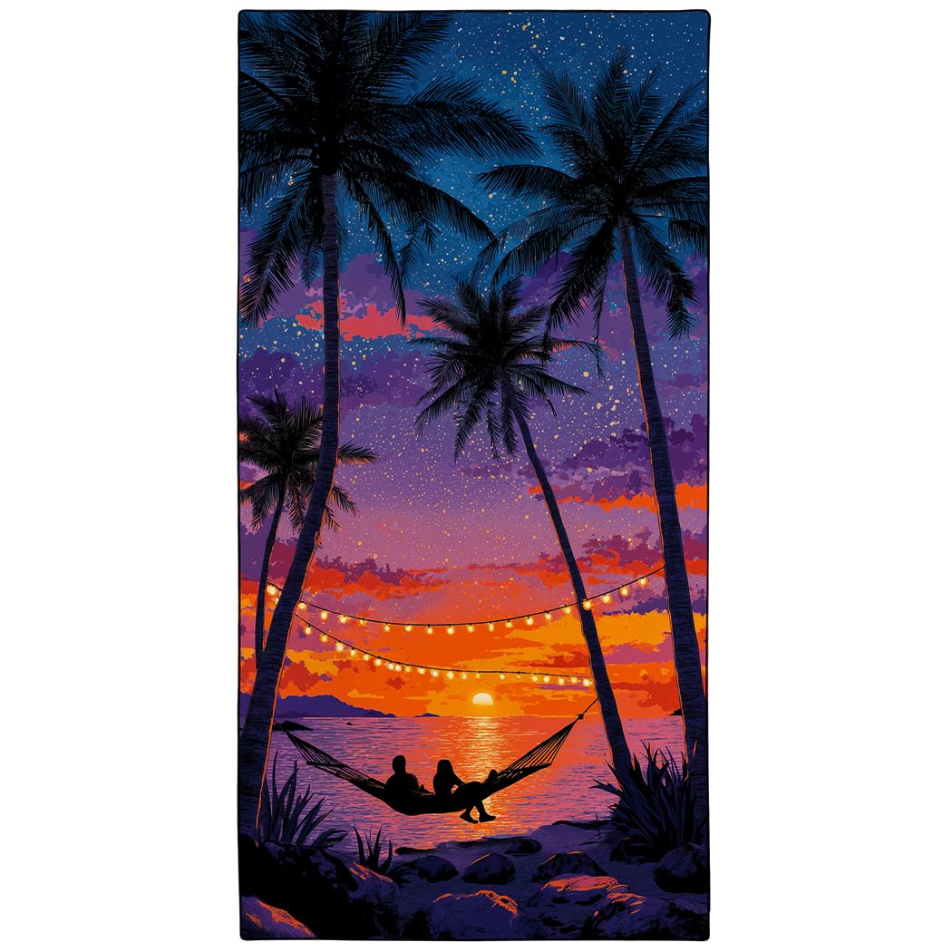 Photo 1 of Rstick Palm Tree Beach Towel, 36"x72" Sand Free Quick Dry Thin Microfiber Starry Sky Sunset Towel for Beach Travel
