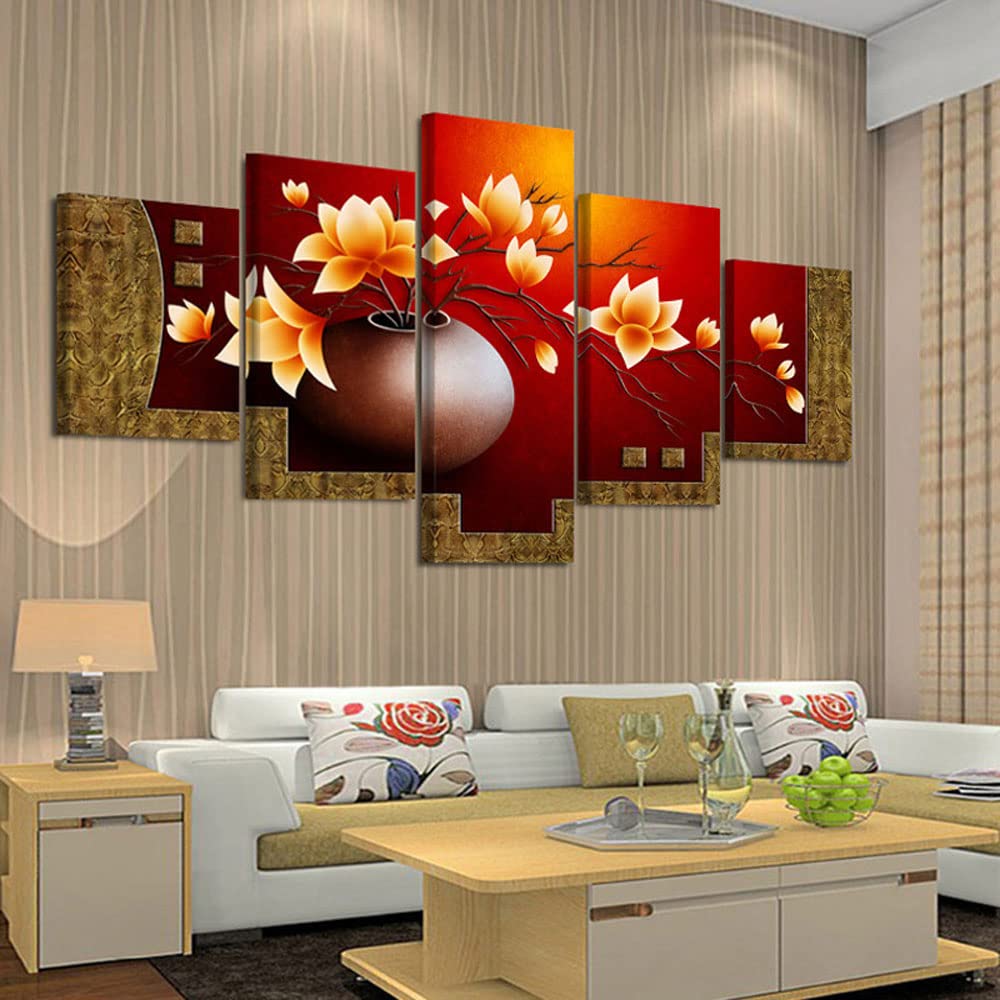 SUNYSUBY 5PCS/Set Elegant Lucky Lotus Fire Flowers Buddhist Vase Framed Wall Art Oil Painting Artwork On Stretched Canvas Décor Decoration for Home Bedroom Dining Ready to Hang (Magnolia, W50 x H24) — image 1