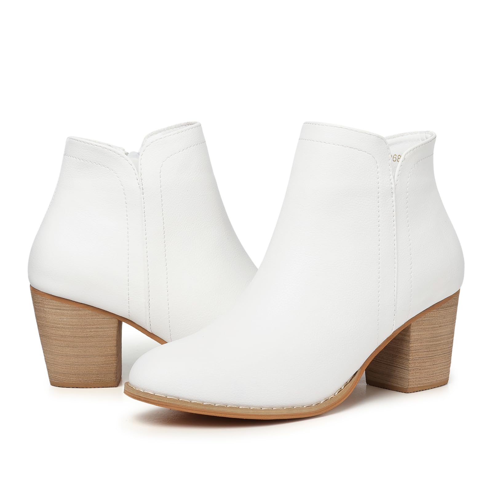 Photo 1 of SHIBEVER Women's Ankle Boots Heel: White Chunky Block Heels Slip On Almond Toe Boots Side Zip Leather Booties 9