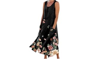 BEESSBEST Women Casual Summer Dresses, Cotton Linen Crewneck Sleeveless Long Sundress Oversized Beach Maxi Dress with Pockets
