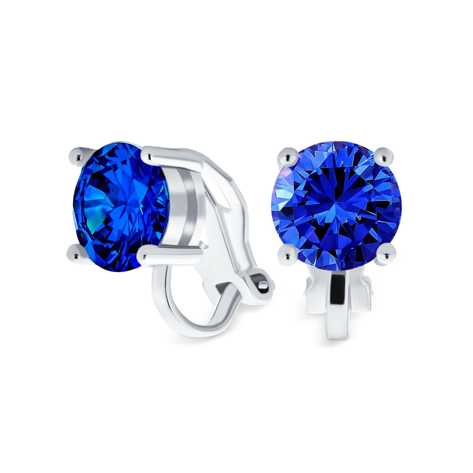 Blue Brilliant Cut Solitaire Round Cubic Zirconia CZ Clip On Stud Earrings Simulated Sapphire Silver Plated Brass — image 1
