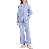 Flygo Womens Gingham Pajamas Sets Cotton Plaid Pjs Ruffled Sleeve Button Down Shirt Pants Y2k 2 Piece Lounge Set