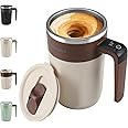 Mongdio Self Stirring Coffee Mug with Temperature Display, Rechargeable Electric Magnetic auto Stirring Coffee Mug with Lid, For Coffee, Milk and Other Beverages, Brown