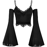 SOLY HUX Women's Goth Y2k Lace Trim Cold Shoulder Bell Long Sleeve Crop Tops
