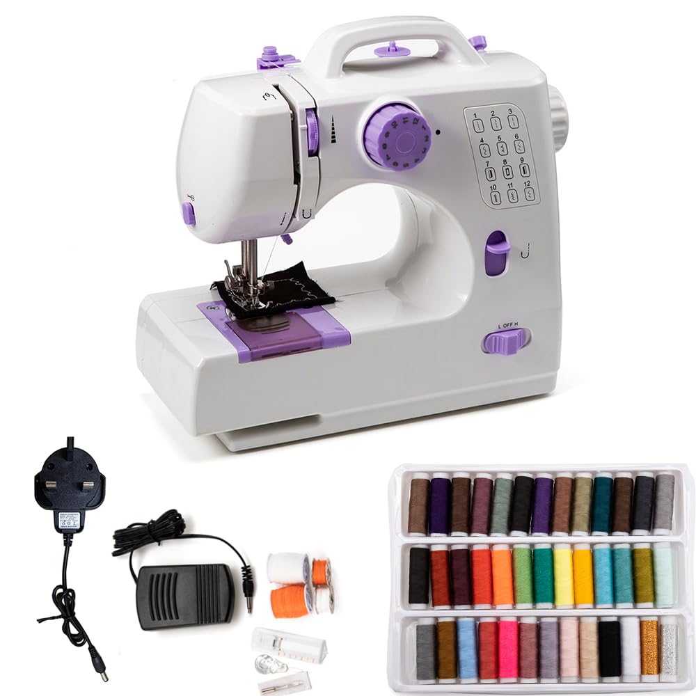 Sewing machine, mini electric portable sewing machine for beginners, 12-stitch dual speed with foot pedal sewing kit (Purple A)