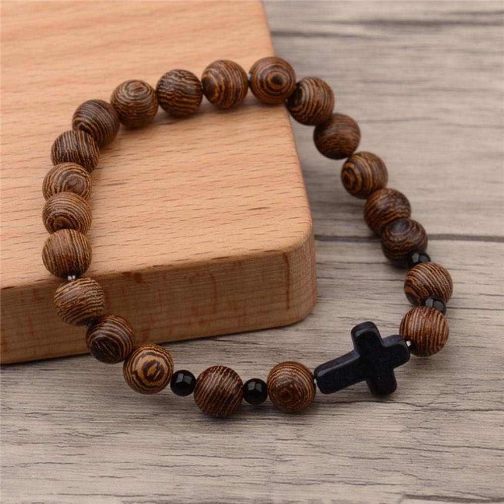 Charm Men Women Leopard head Unisex Bracelet Natural Sandalwood Woods Beads Bracelet Rosary,cross long