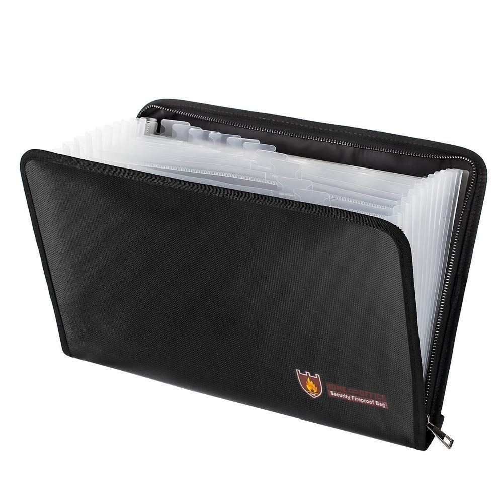 A4 Fireproof Safe Document Bag with 13 Pockets, Fire and Water Resistant Expanding File Folder with Zipper, Fireproof A4 Document Wallet for Certificate Folder