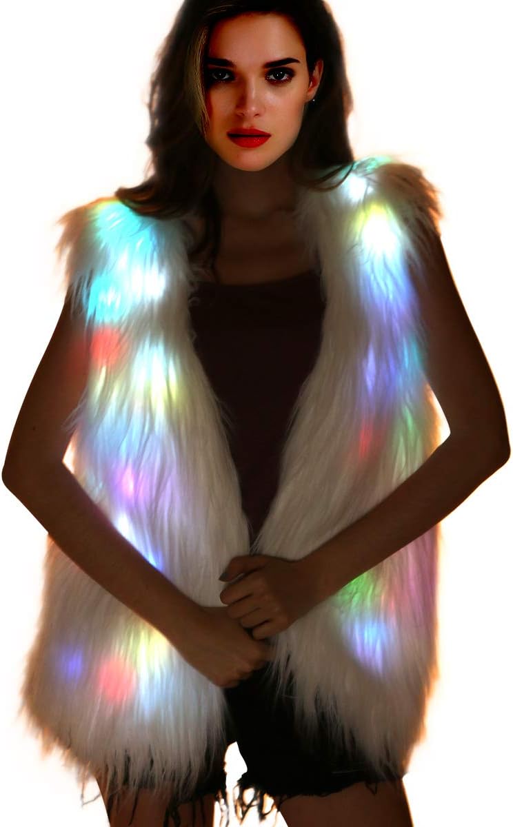 JIRUIWENLight Up Jacket Women Faux Fur Coat Furry Led Vest Glow Waistcoat White Fuzzy Burning Man Ravewear Light Up Costumes