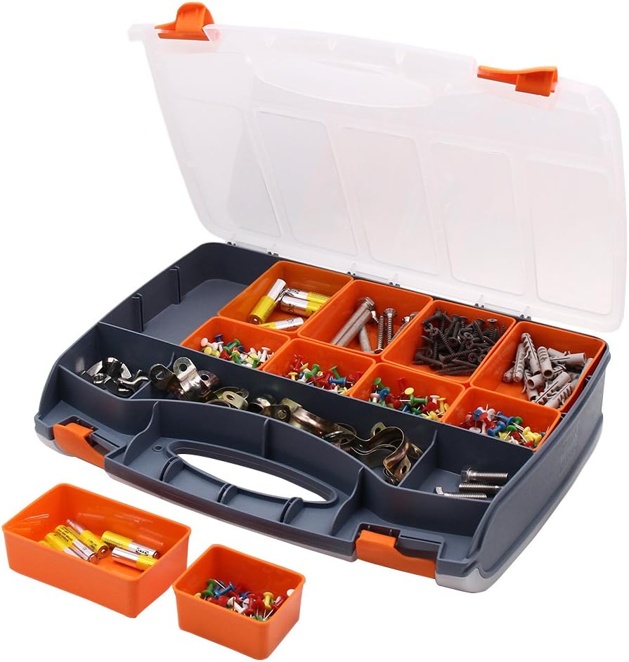 Double Sided Compartment Organizer Small Parts Storage Tool Box with 31 Removable & Adjustable Compartments Container Box Heavy Duty Portable with Dividers for Hardware, Arts, Crafts, Tools
