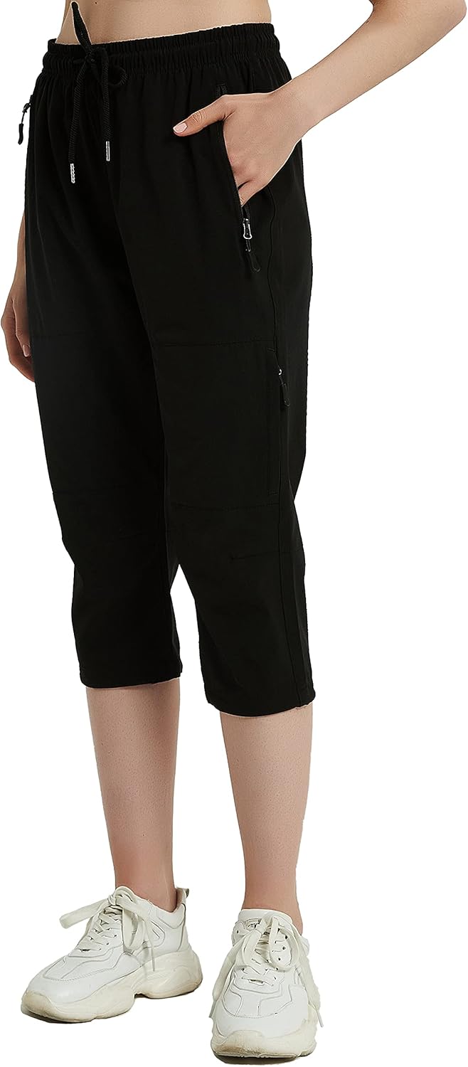 Capri Pants for Women Quick Dry Workout Cargo Capris UPF 50+ Hiking Pants with 4 Zipper Pockets: Clothing