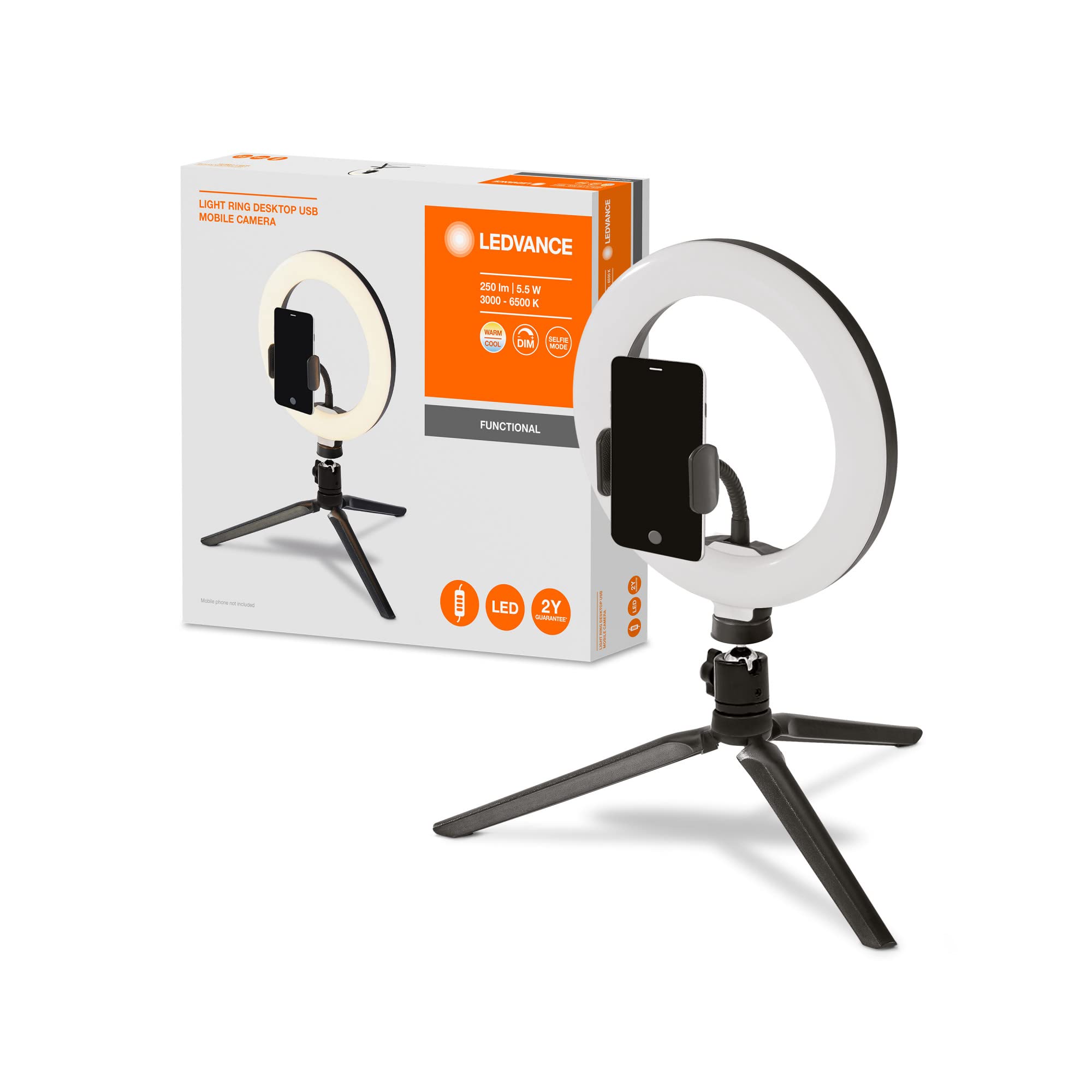 LEDVANCE LED Ring Light with Stand 190mm with USB Connection, 72 LEDs dimmable, 3000-5800k, 10W-400-500 Lm, 190mm, Ring Light for Mobile Phone, Makeup, Photography with Bluetooth Remote Control