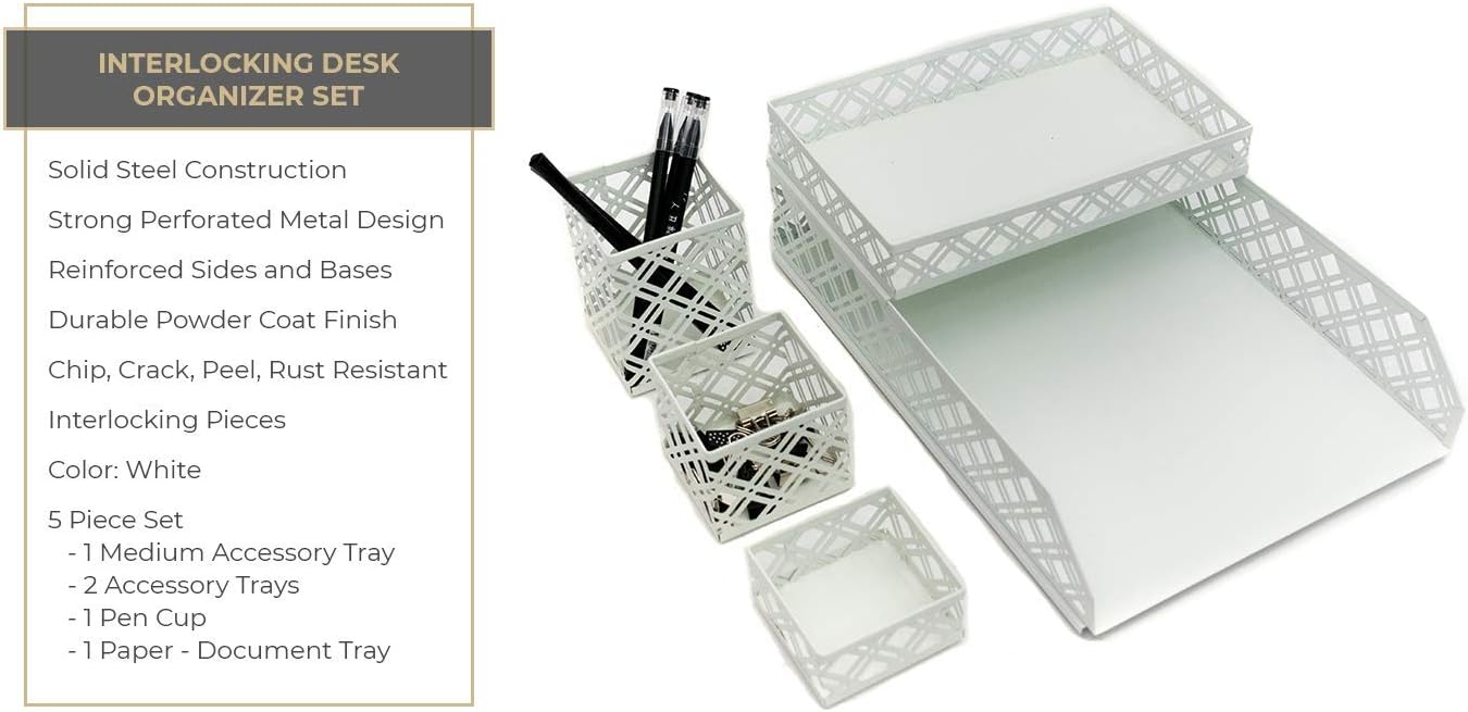 Blu Monaco White Desk Organizer - 5 Piece Interlocking Desk Accessories Set - Paper - Document Tray, Pen Cup, 3 Assorted Accessory Trays : Office Products