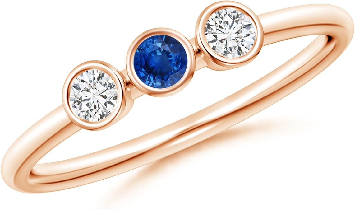Classic BezelSet Sapphire and Diamond Three Stone Ring in 14K Rose